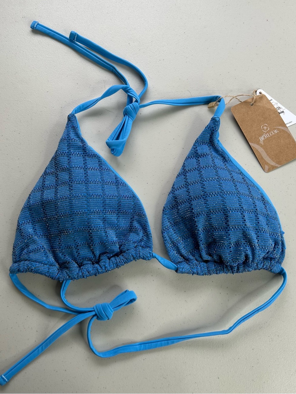 Berlook Bikini Top XL Blue Mesh Halter Triangle Top Swimwear NWT
